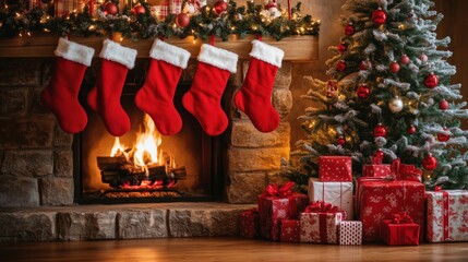Fototapeta premium Festive Christmas room with fireplace, stockings, and red gifts under tree