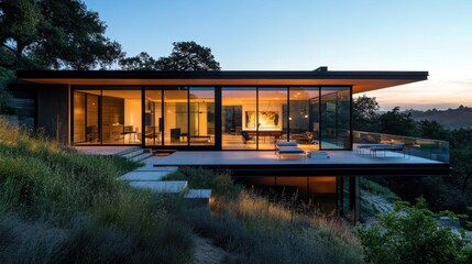 Obraz premium A modern glass house perched on a hillside, offering stunning views and a seamless blend