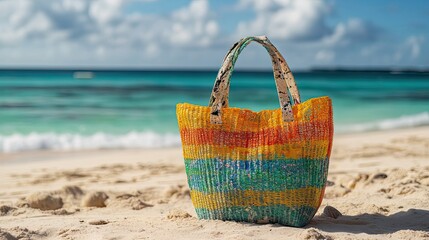 Colorful Woven Beach Bag on Sandy Beach with Ocean in Background