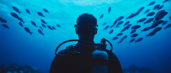 A diver explores an underwater world surrounded by a school of fish, highlighting the beauty and serenity of ocean life.