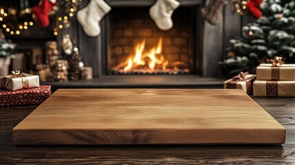 Wooden Cutting Board with Christmas Decor in Cozy Setting, Product Display Space