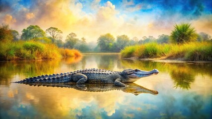 watercolor painting of alligator in serene landscape