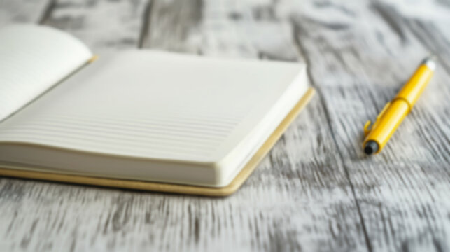 A blank notebook lies open on a rustic wooden table, accompanied by a yellow pen, inviting creativity and inspiration for writing or planning, blurred image, copy space