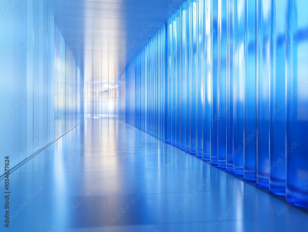 Aufkleber a modern, minimalist hallway with blue glass panels on one side, reflecting light and creating a sen