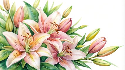 Fototapeta premium watercolor painting of aerial Lily flowers and green leaves