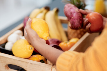 Hands, person and groceries with fruit at house for supermarket delivery, organic food and nutritionist choice. Woman, healthy products and ecommerce order, unpacking ingredients and retail purchase