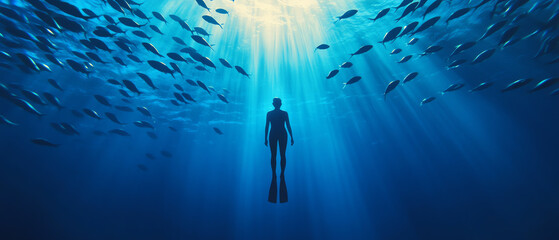 A diver surrounded by schools of fish, exploring the underwater world. Sunlight beams filter through the clear blue water, creating a serene atmosphere.