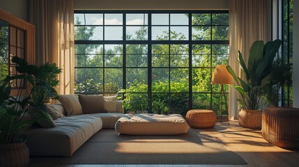 Fototapeta premium A serene nature-inspired living room with earthy tones, indoor plants, and large windows