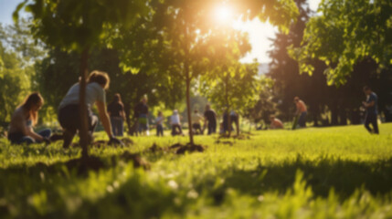 Gathered in the park, individuals participate in a tree-planting event under the warm sun, creating a greener community while enjoying the fresh air, blurred image, copy space