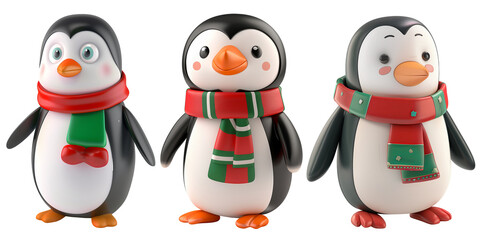 Fototapeta premium Three Festive Penguins Wearing Red and Green Scarves