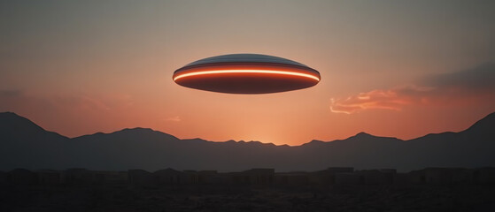 A futuristic UFO hovering above a mountain landscape at sunset, casting a warm glow against the darkening sky, evoking a sense of mystery.