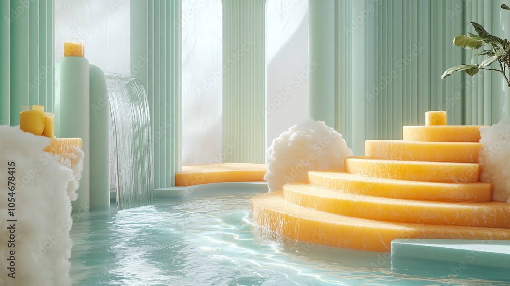 Poster Surreal abstract 3D rendering of a pool with steps, waterfalls, and clouds in pastel colors.