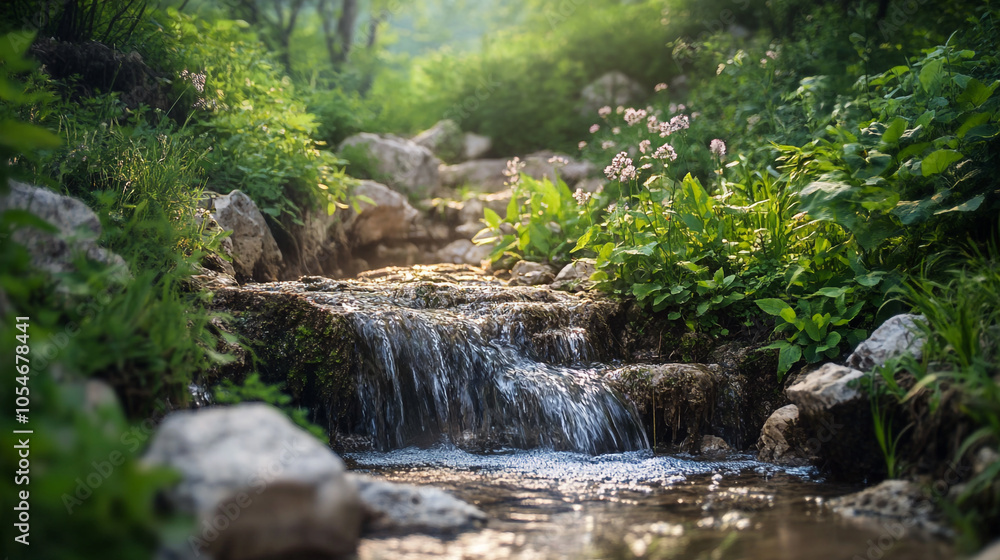 Poster a tranquil stream flows through lush greenery and stones in a serene forest setting during the day