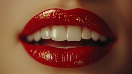 Fototapeta premium A close-up of the lipstick in front, a pair of red lips with gold edges and a slightly open mouth showing white teeth and clean skin against a light background