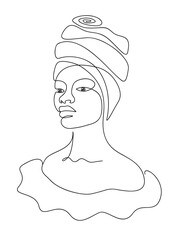 Line drawing african woman with turban. Pen drawing with one line on a transparent background.