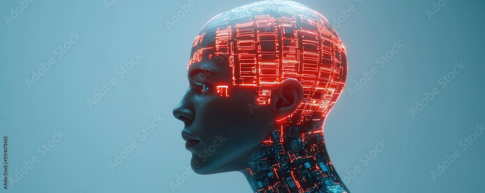 Poster a futuristic robotic head with glowing red circuitry, illustrating the concept of advanced artificia