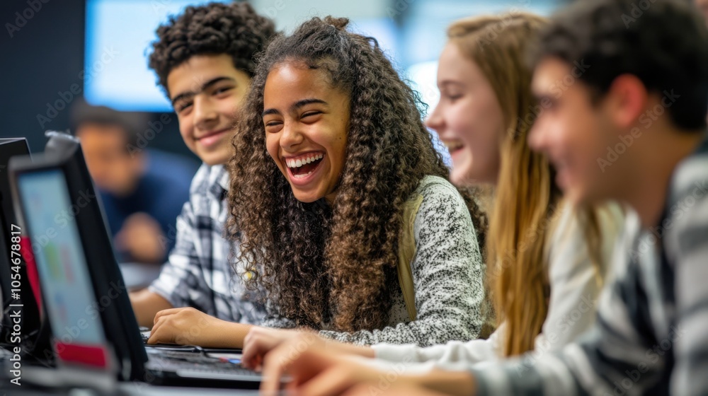 Poster a teacher and students laughing and learning together during an interactive computer science