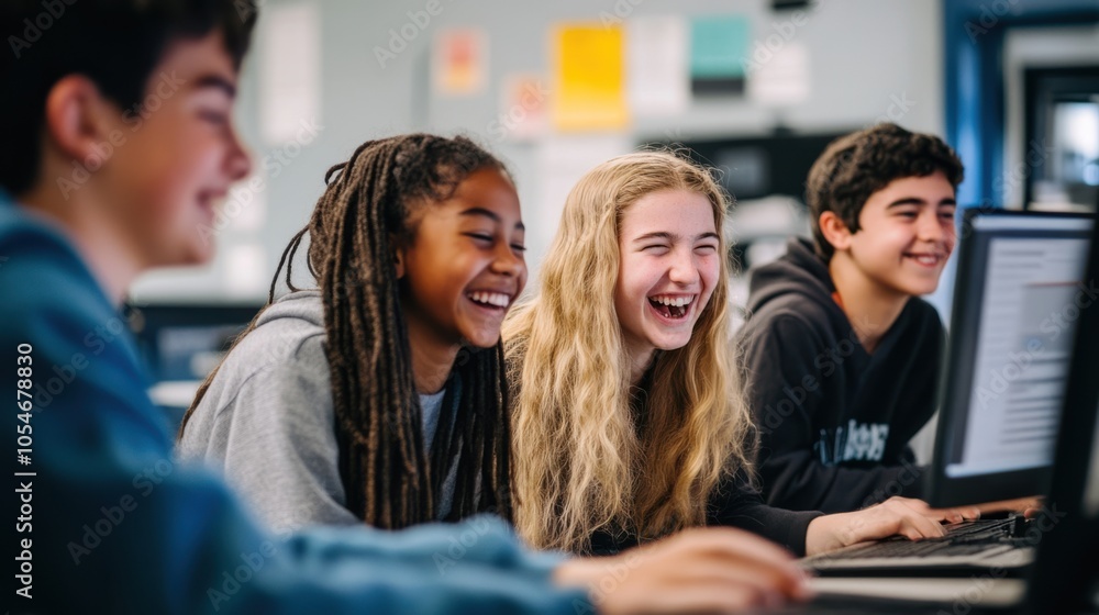 Poster a teacher and students laughing and learning together during an interactive computer science