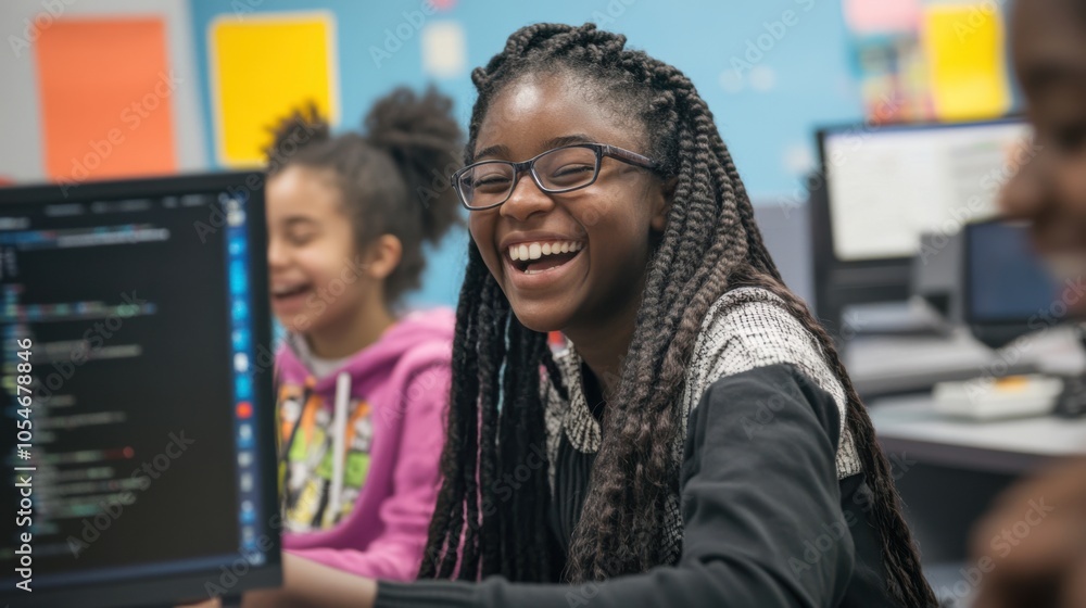 Poster a teacher and students laughing and learning together during an interactive computer science