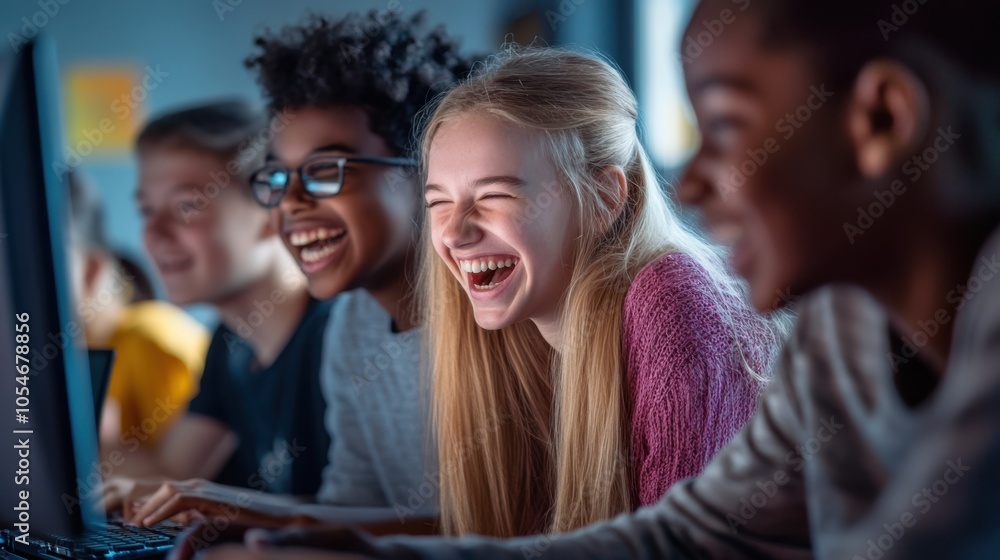 Poster a teacher and students laughing and learning together during an interactive computer science