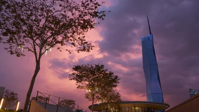 gorgeous sunset storm sky kuala lumpur city center new modern tower rooftop park walking panorama 4k thailand
