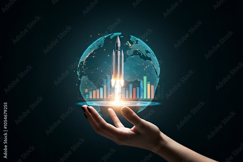 Poster a hand holding a floating globe with glowing financial graphs overlaid on it against a dark backgrou