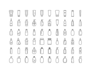 Collection vector icons of beauty, cosmetics and care. Bottle, jar, shower gel, face cream, body lotion, spray, ointment, paste.