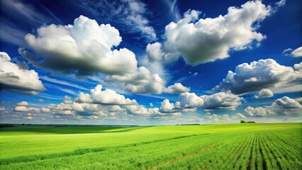 Fototapeta premium Scenic sky with fluffy clouds over green fields at a tilted angle