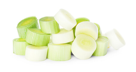 Fresh raw leek slices on white background