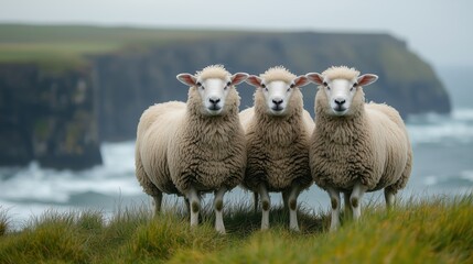 Fototapeta premium Three sheep in the Irish countryside, with an ocean and cliffs behind them