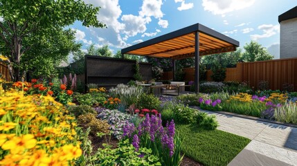 A vibrant backyard garden with colorful flowers, an herb garden, and a modern pergola