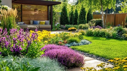 A vibrant backyard garden with colorful flowers, an herb garden, and a modern pergola