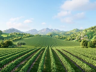 Naklejka premium Expansive vineyard landscape showcasing lush green rows under a bright blue sky.