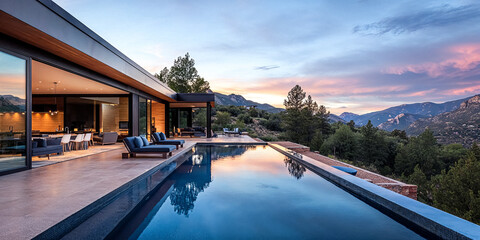 Fototapeta premium Luxury House With A Pool and Dramatic Lighting in the American West