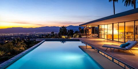 Fototapeta premium Luxury House With A Pool and Dramatic Lighting in the American West