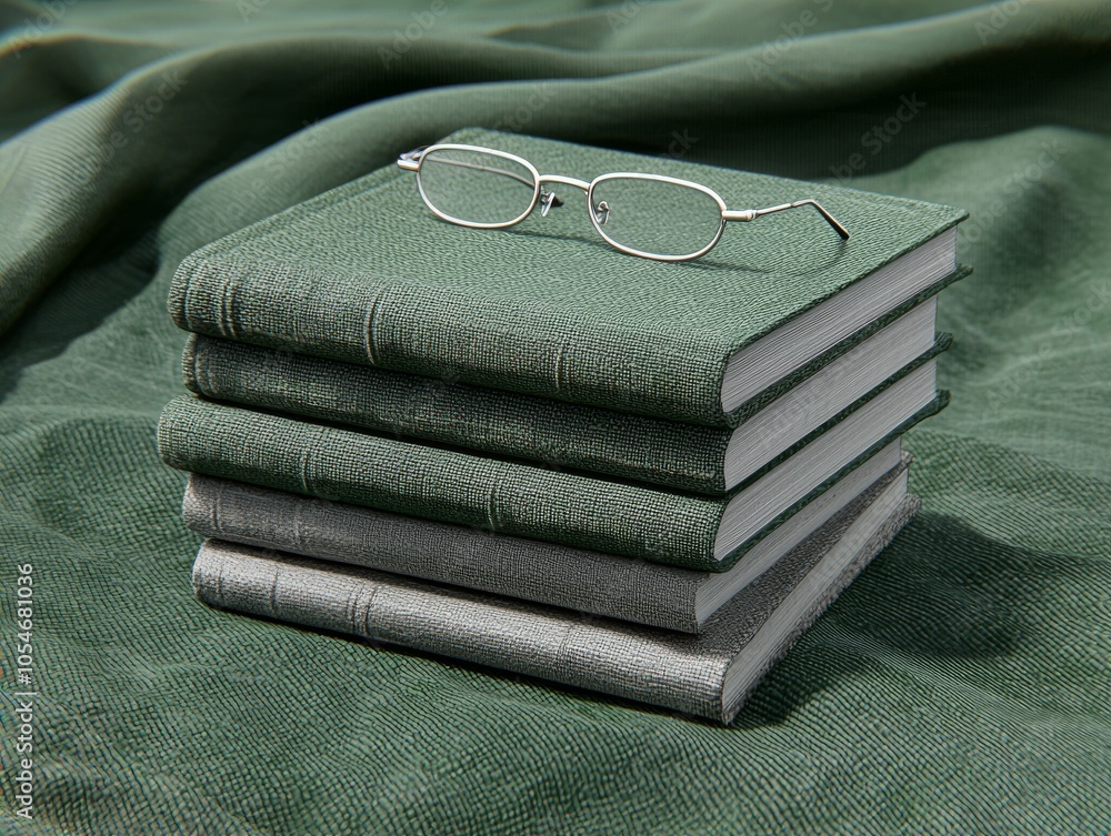 Poster stack of textured green books with reading glasses on top, creating a serene study atmosphere.