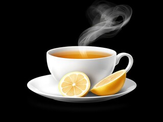 A steaming cup of tea with fresh lemon slices, elegantly placed on a white saucer against a black background.