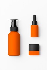Three sleek orange cosmetic containers with black caps, perfect for a modern skincare line.