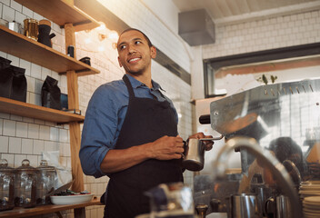 Barista, milk and steam with coffee machine in cafe for espresso, cappuccino and latte with...