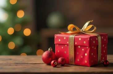 Three gifts in red wrapping are lying on the table, in the background there is a Christmas tree