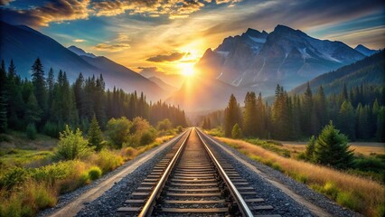 Scenic train tracks at sunrise between mountains