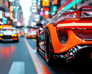 A vibrant urban scene featuring a sleek orange sports car amidst the bustling streets of a neon-lit...