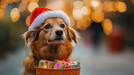 cute dog wearing Santa hat and holding basket full of presents, looking at camera with joyful expression
