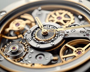 A close-up view of an intricate mechanical watch displaying gold gears, jewels, and finely crafted components, highlighting precision engineering.