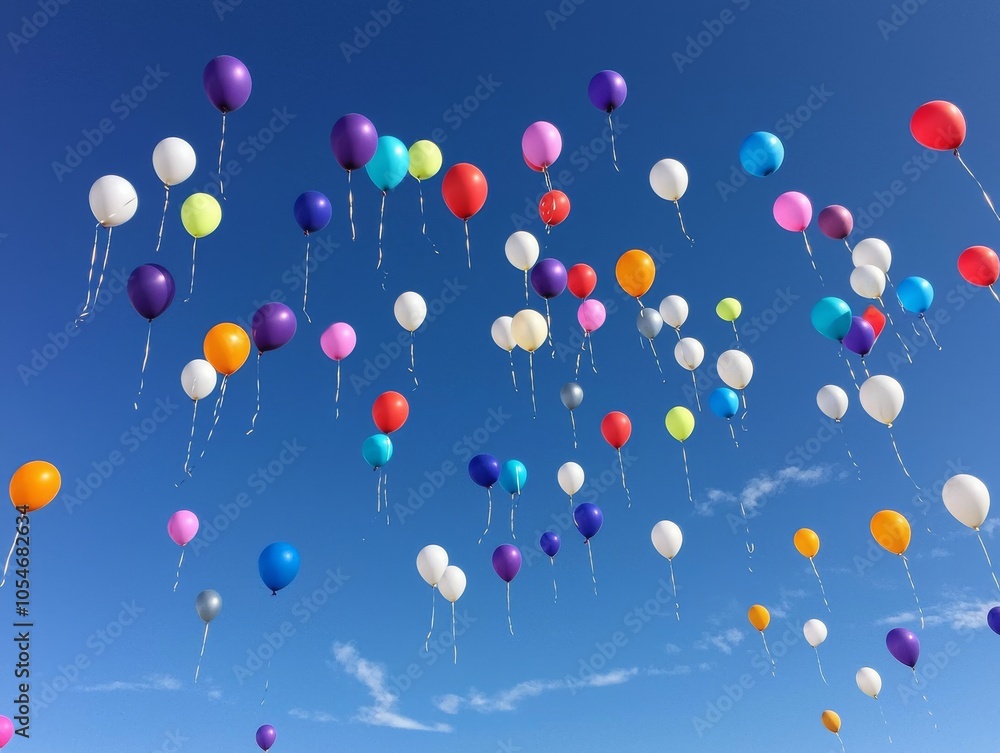 Poster a vibrant display of colorful balloons floating against a clear blue sky, creating a festive and joy