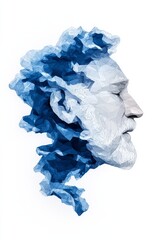 Fototapeta premium Artistic profile of a bearded man with flowing blue hair, showcasing a blend of modern and abstract styles.
