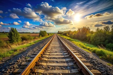 Fototapeta premium Scenic view of a railway track disappearing into the horizon under a wide-angle perspective
