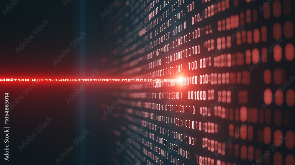 Poster a refracted red laser pointed at al wall reveals scrolling symbols and numbers that represent the co