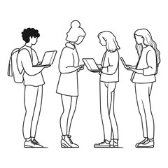 Friends Engaged in Conversation Outdoors in Line Art