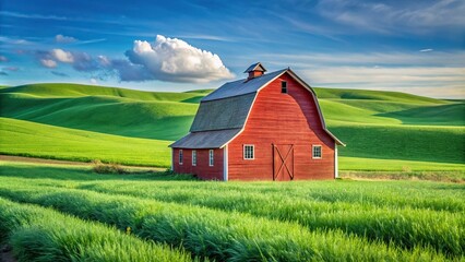 Obraz premium Scenic view of a red barn in a green winter field in Eastern Washington from a low angle